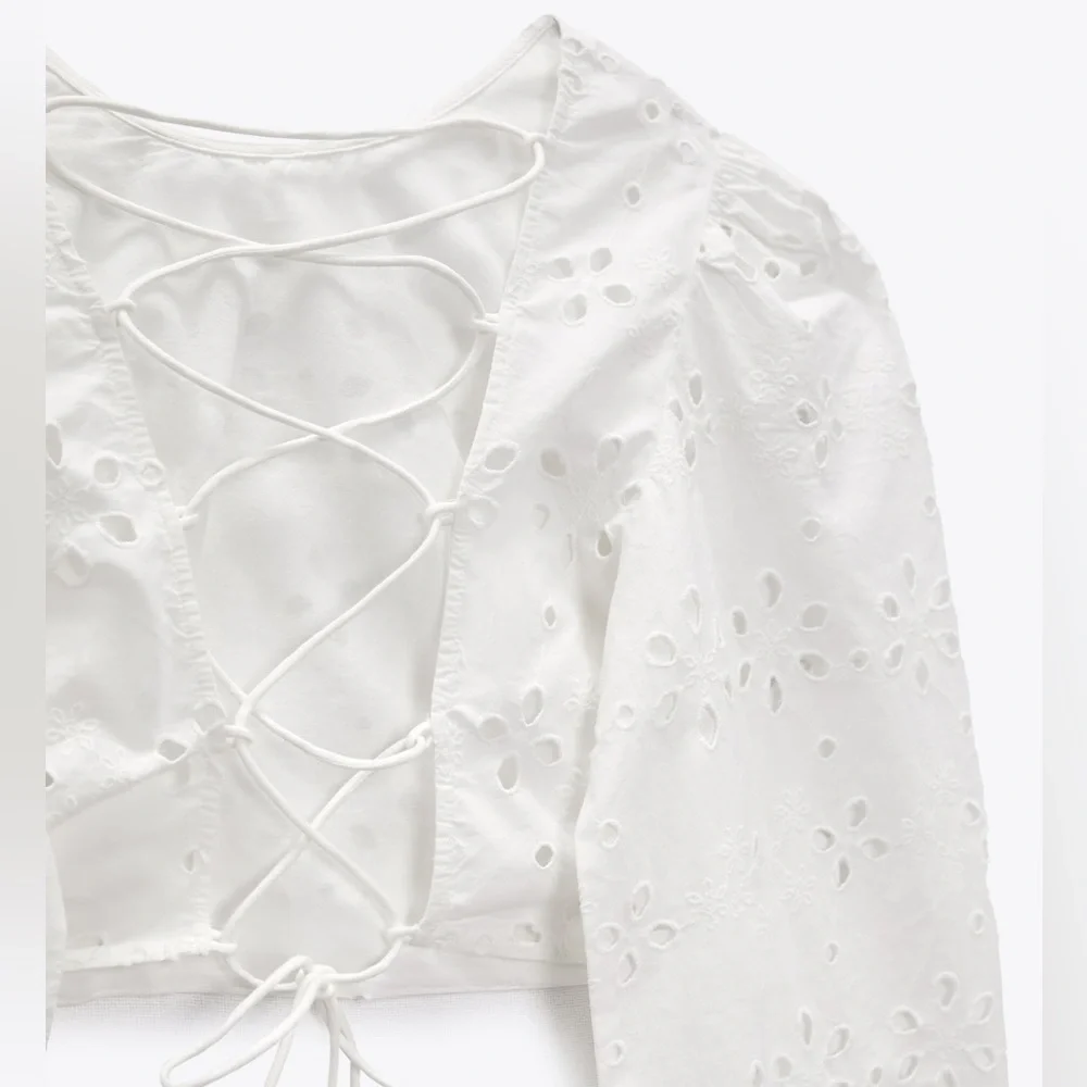ZARA White Strappy Lace Up Back Embroidered Eyelet Puff Sleeve Top Blouse